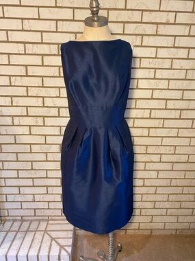 ALFRED SUNG Navy Blue Boatneck Pleated Midi Dress
